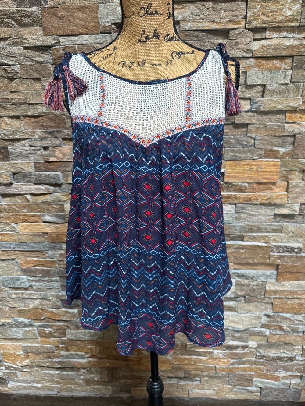 Democracy Boho Peasant Flowy Tank Top Mesh Tasseled Blue Patterned Med NWT